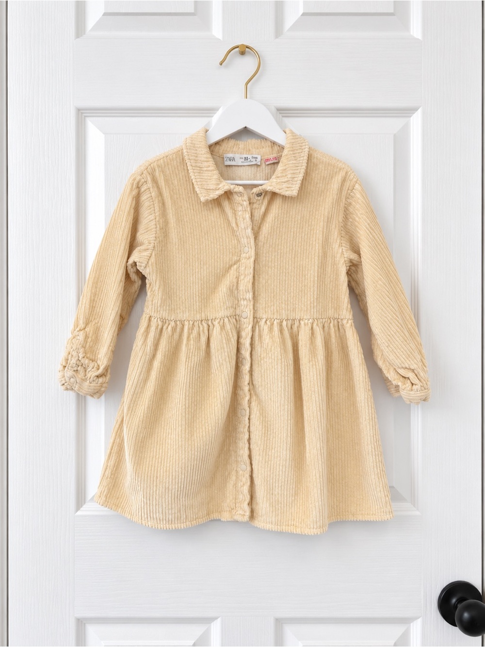 Zara Girls 4-5 110 Cream Corduroy Button Front Babydoll Shirt Dress